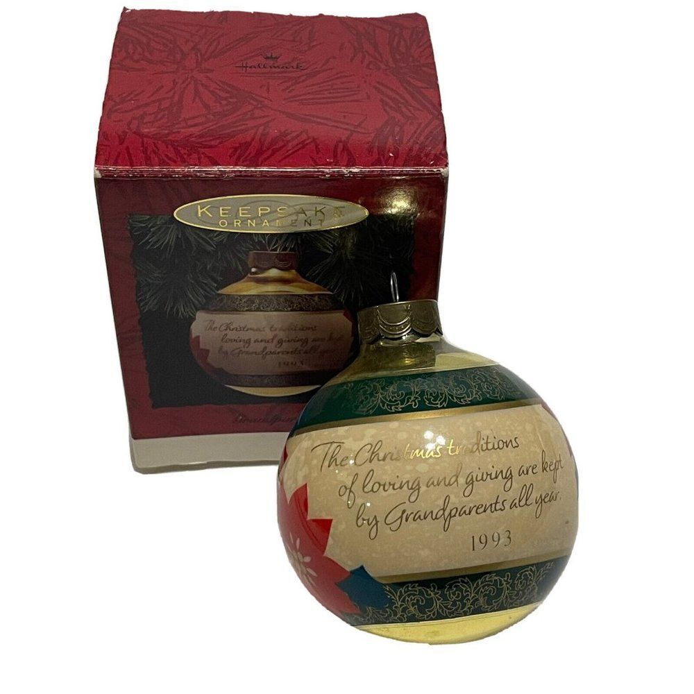 Vtg Hallmark 1993 Christmas Ornament Grandparents Glass Ball Poinsettia
